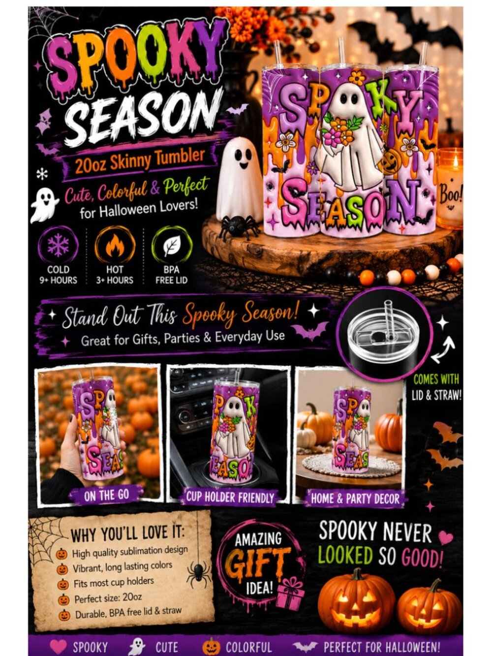 Spooky Season 20oz Tumbler, Cute Ghost Floral Cup, Fall Gift